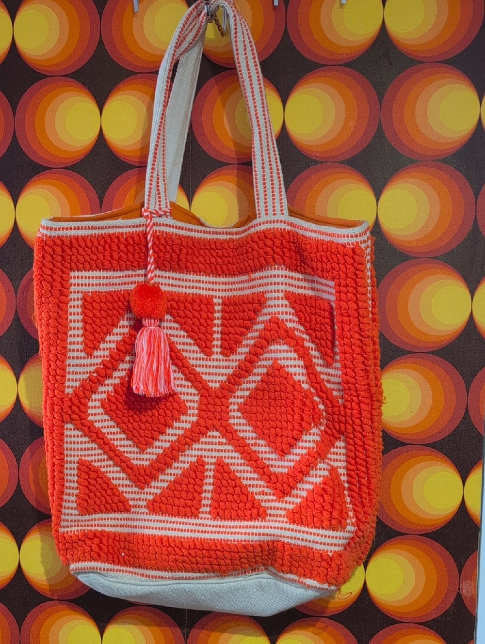 LOVESTITCH Handwoven Coral and Cream Geometric Tote Bag